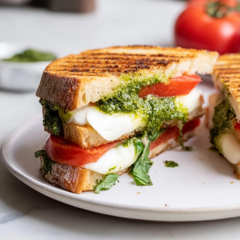 Warm, gooey Caprese Pesto Panini-Style Grilled Cheese, featuring fresh pesto and a crisp, buttery crust.