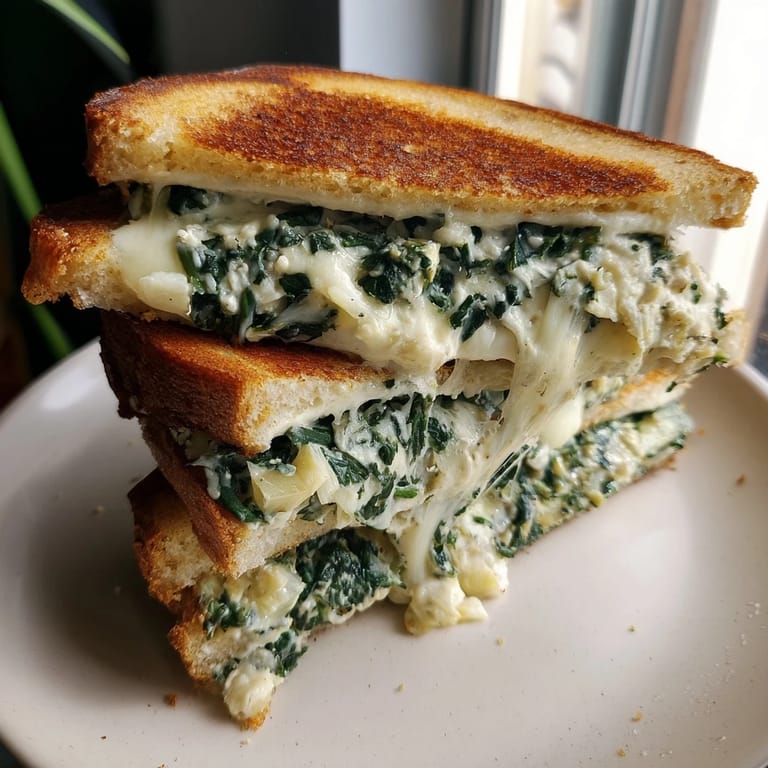 Warm, cheesy Sourdough Spinach Artichoke Dip Grilled Cheese sandwich served with a side of crispy golden crust.