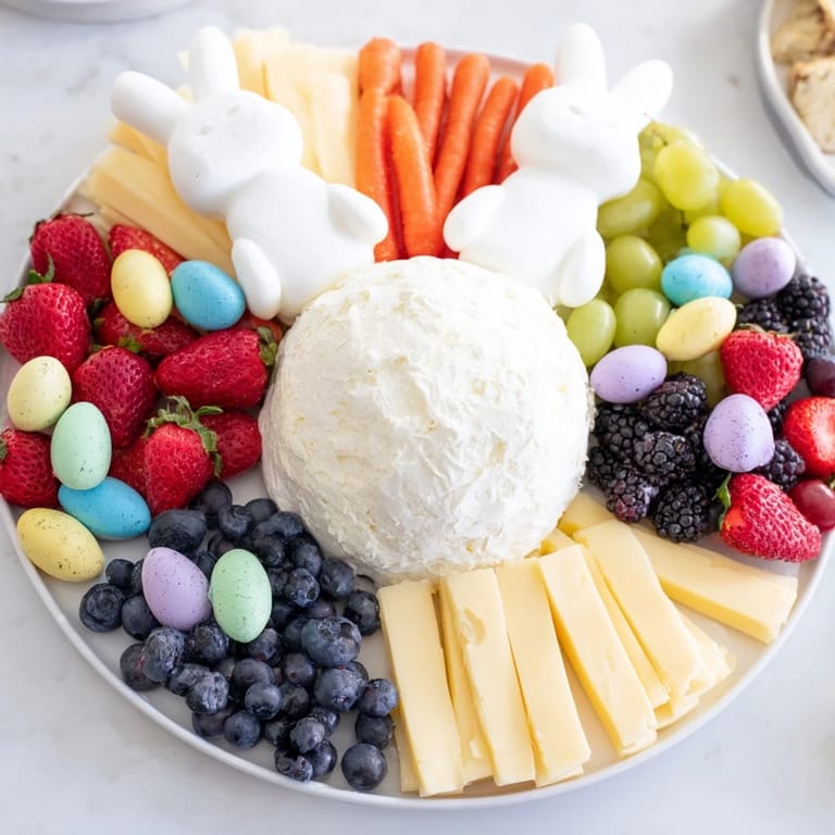 This festive Bunny Ears Easter Board presents a visually appealing spread of healthy snacks and sweet treats.