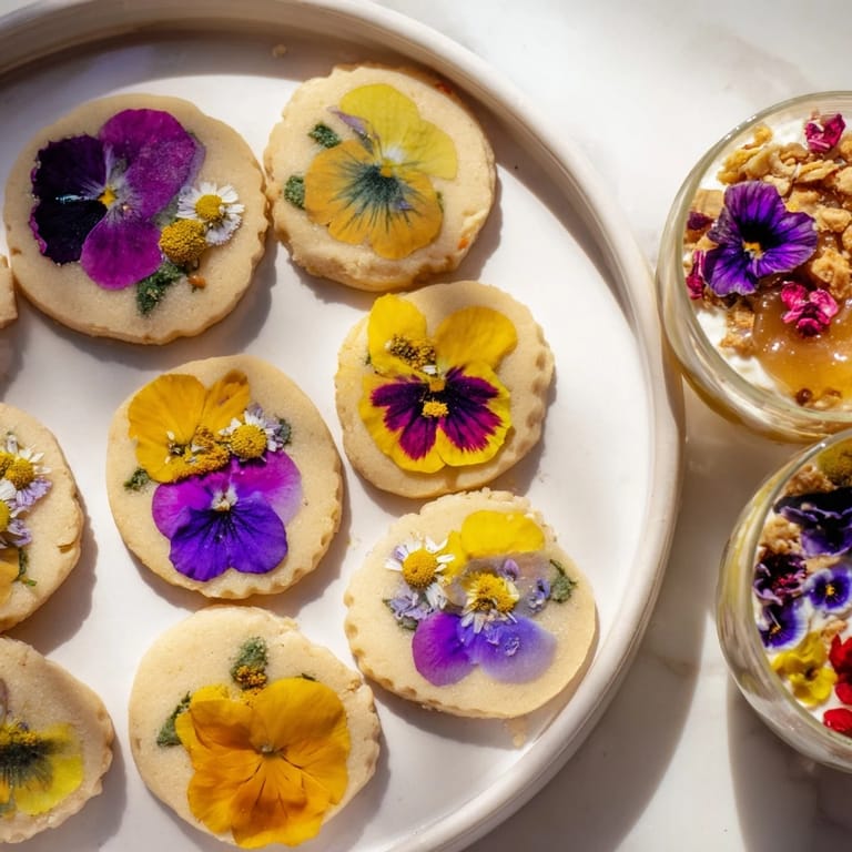 Imagine a beautifully arranged Spring Flower Dessert Tray, boasting colorful edible flowers and tasty treats.