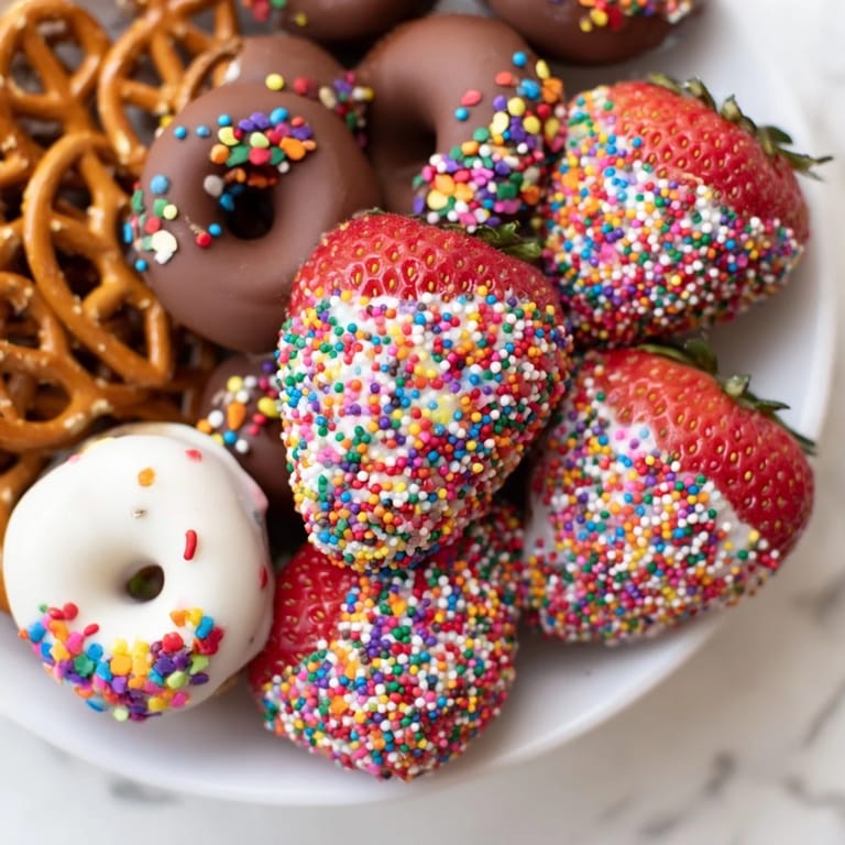 Get the party started with a Rainbow Sprinkle Party Board, showcasing colorful sprinkles and sweet treats like cupcakes.
