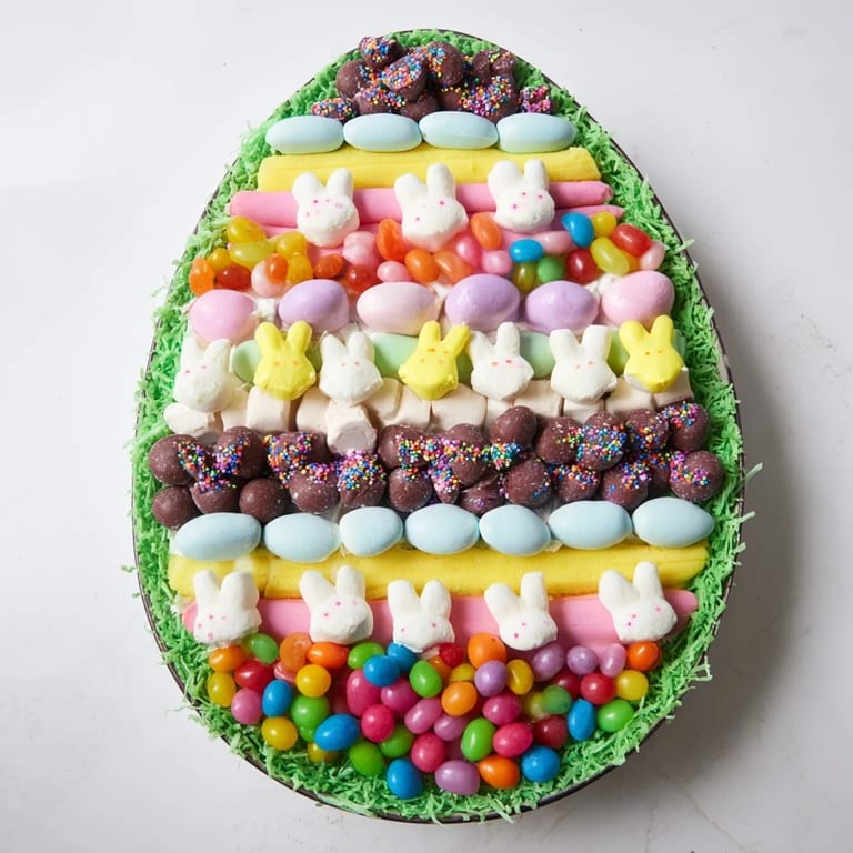 An inviting Egg-Shaped Candy Platter with an array of sweets, including marshmallow chicks, ready for serving.