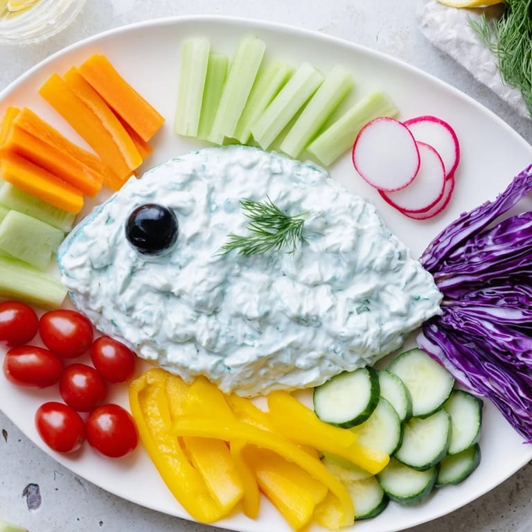 This Ocean Blue Fish-Shaped Dip Tray offers a festive appetizer, featuring a playful fish shape made of tasty treats.