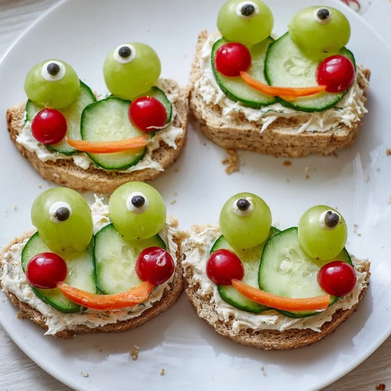 Vibrant image of Prince Charming Froggy Sandwiches with grape eyes and tomato cheeks, ready to eat!