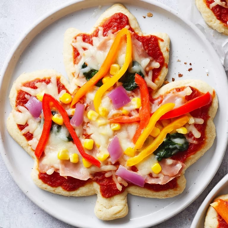 Enjoy the visually stunning presentation of these delicious Fall Foliage Maple Leaf Mini Pizzas, ready for sharing.