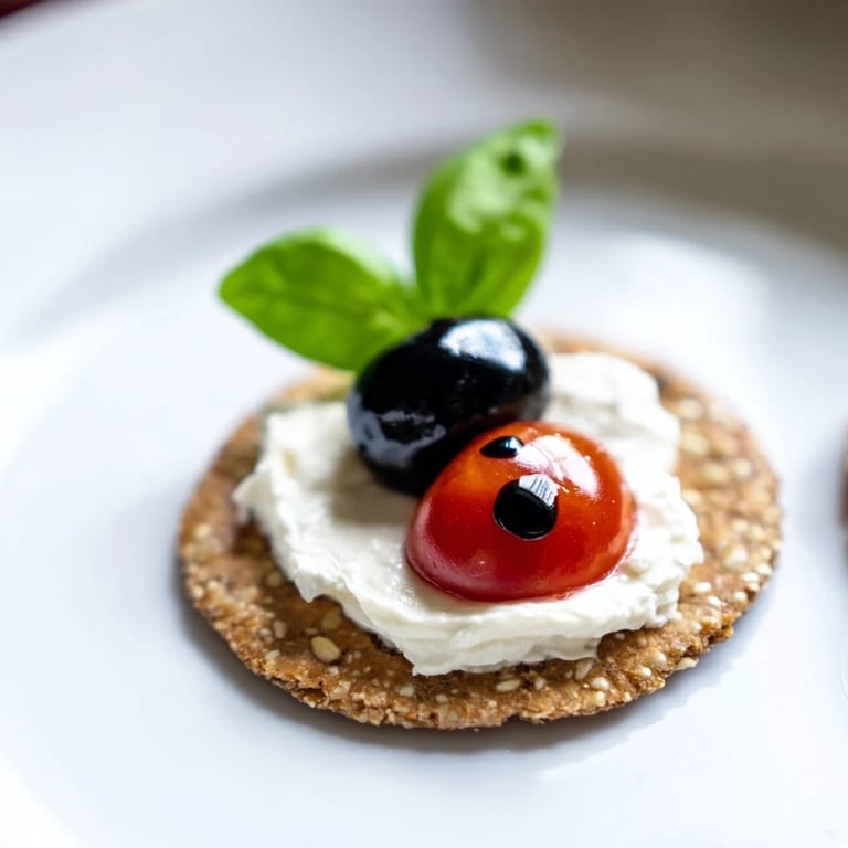 Vibrant Ladybug Love Picnic Finger Foods with balsamic spots and basil, ready to be enjoyed.