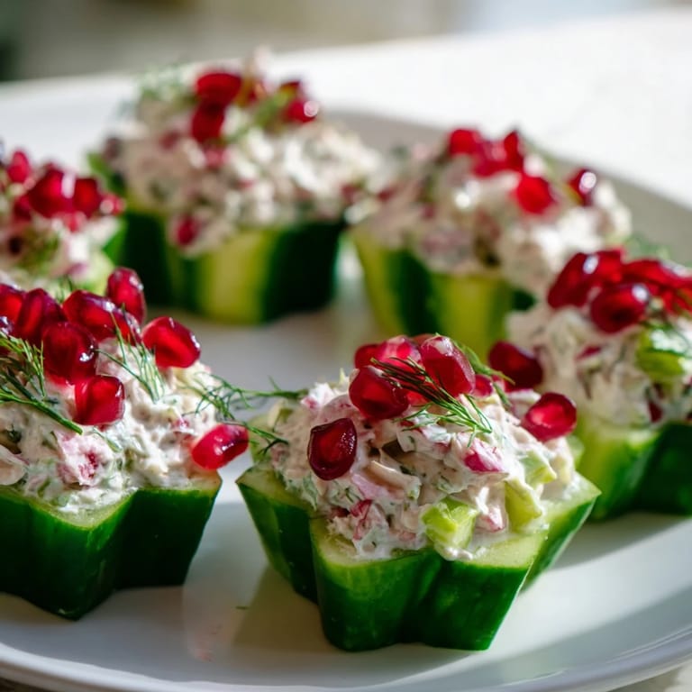 Elegant appetizer, winter salad featuring snowflake-shaped cucumber cups filled with a tangy cream mixture.