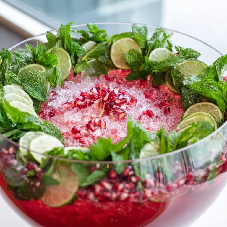 A refreshing pomegranate and mint wreath cocktail: sparkling ruby red with fresh mint and lime slices.