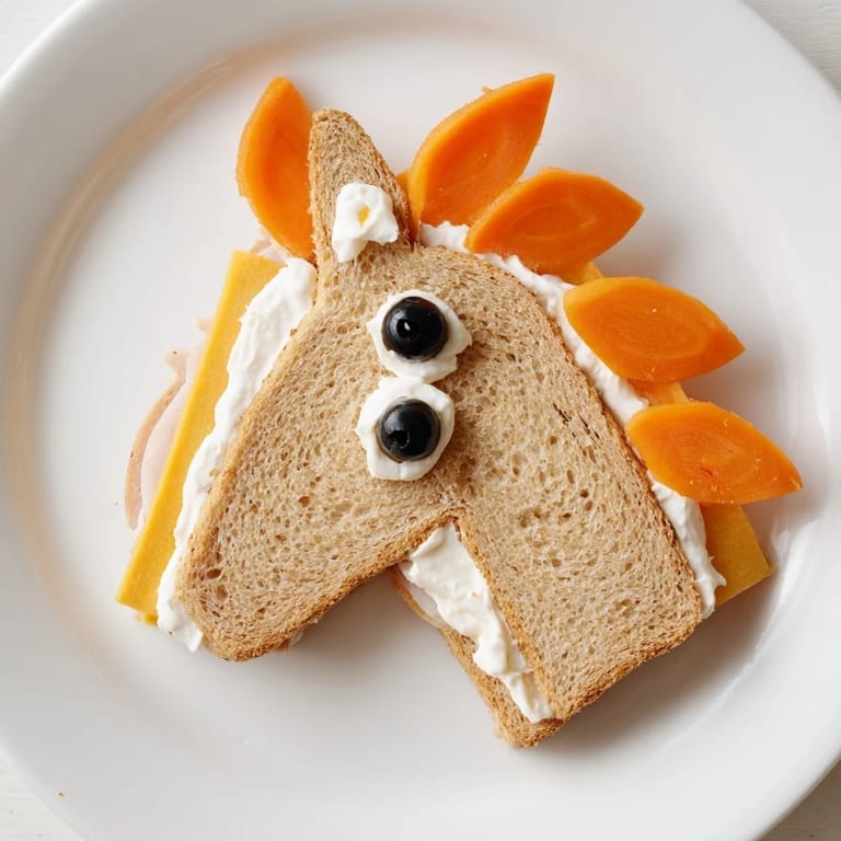 Vibrant Horse Head Sandwich Cutouts with black olive eyes and carrot manes make a playful lunch.