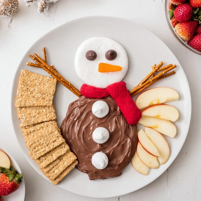 Homemade hot cocoa dip snowman, surrounded by dippers like graham crackers, perfect for sharing.
