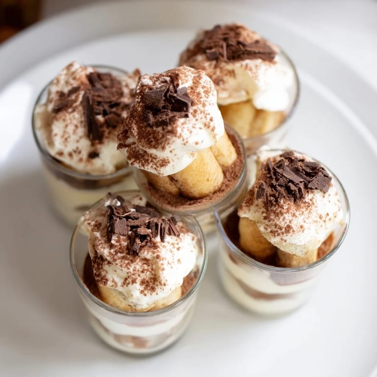 Mini Countdown Tiramisu Shots ready to serve: Bite-sized treats with cocoa powder's dusting, a delicious Italian dessert.