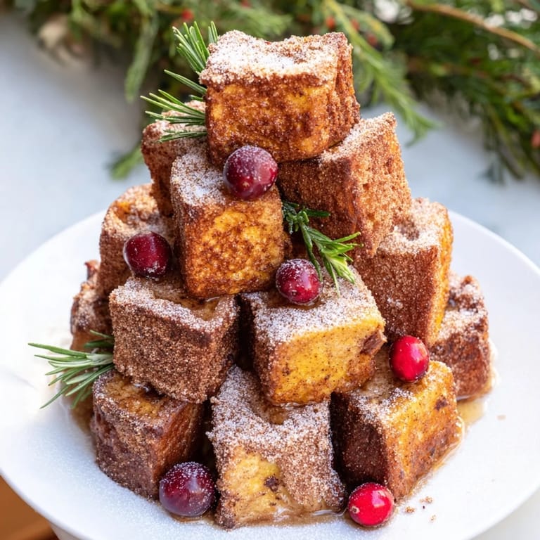 Warm and inviting shot of Eggnog French Toast Bites Tree – fluffy, coated bread cubes in a festive brunch display.