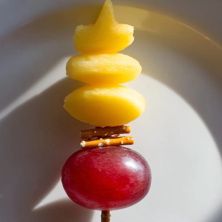Easy-to-make Christmas Light Fruit Skewers with vibrant fruit and pretzel sticks, a fun festive appetizer.