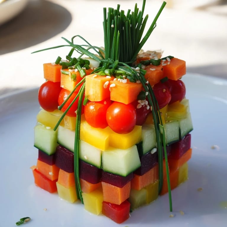 Vibrant stacked gift box veggie cubes, perfectly layered with cheese for a delightful party snack spread.