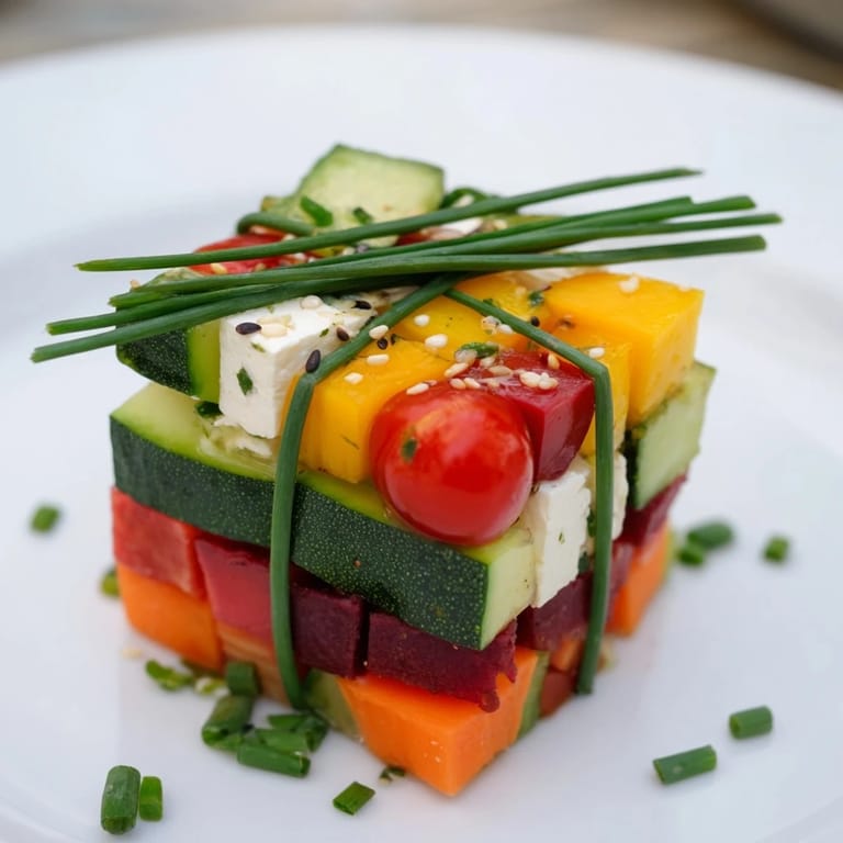 Beautifully arranged stacked gift box veggie cubes, ready to eat with bell pepper ribbons and chives.