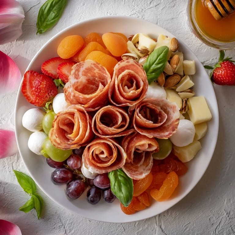 Vibrant prosciutto roses on a charcuterie board alongside cheeses, olives, and fruits, perfect for sharing.
