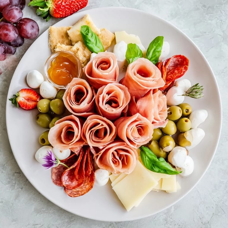 A close-up of a shareable prosciutto rose bouquet board, offering elegant Italian flavors and textures.