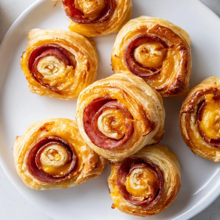 View of freshly baked Sliced Cheddar and Salami Scrolls, showing the cheesy, salami filling and golden crust.