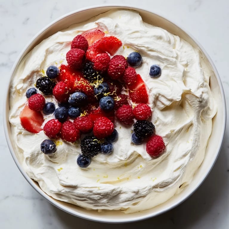 Homemade Fluffy Cream Cheese Fruit Dip: a sweet, creamy treat alongside fresh, assorted fruit.