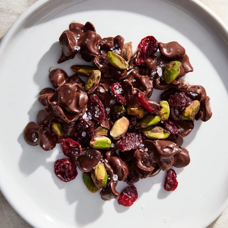 Close-up of golden pistachio and dried cranberry clusters glistening with melted dark chocolate for a delicious treat.
