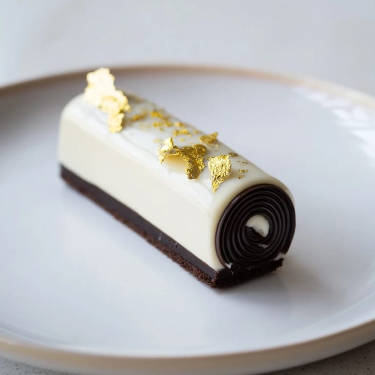 Golden Ratio Shell dessert, visually stunning, shows layers of mousse and sponge, drizzled with glaze.