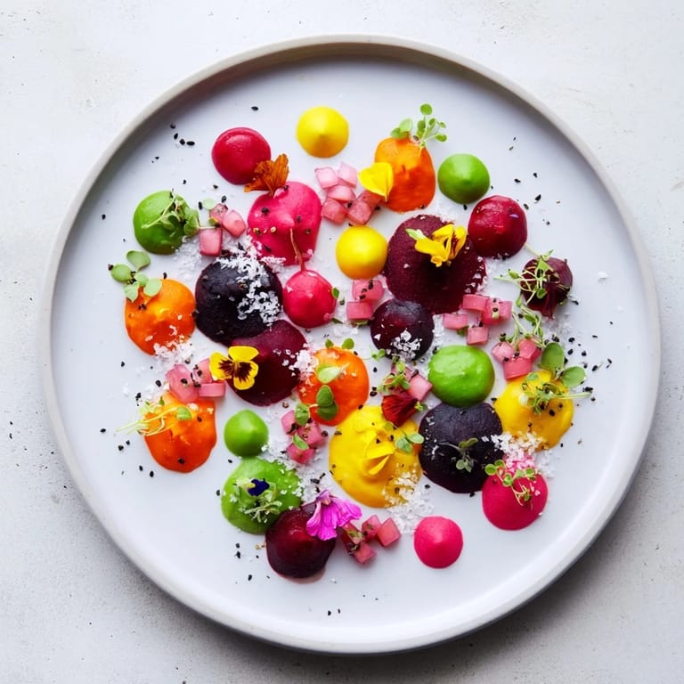 A close-up reveals the beautiful detail of the Pointillism Dot Matrix, a stunning plate of colorful flavors.