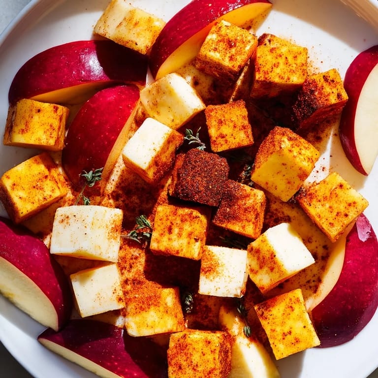 Close-up of The Autumn Ember: a fall appetizer showing colorful apples and cheesy delights ready to serve.
