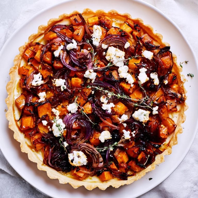 This Feuilles d'Érable Tartes Salées d'Automne features a flaky crust filled with caramelized onions and goat cheese.