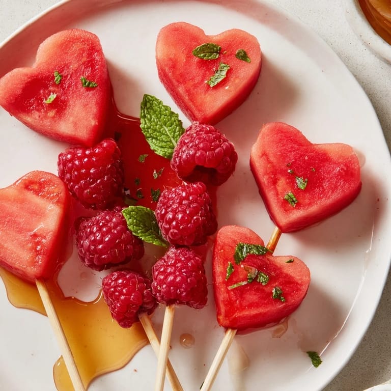 Colorful red heart fruit skewers arranged on a platter ready for sharing and enjoyment.