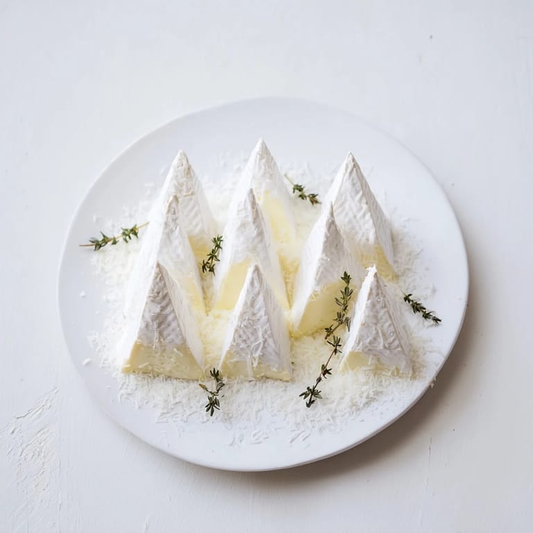Elegant arrangement of Snowcapped Range features chilled Brie resembling snowy mountain peaks, garnished subtly.