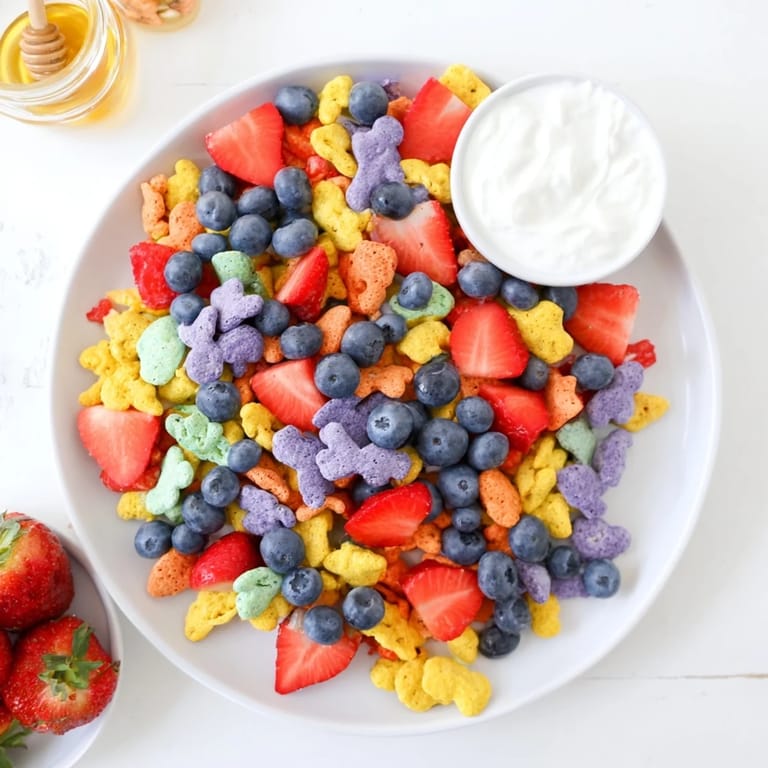 A delightful snack platter featuring rainbow Goldfish crackers, fresh fruit, and a side of creamy dip.