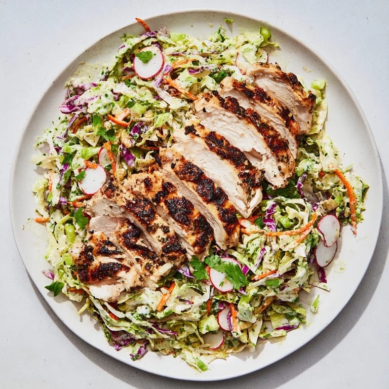 Imagine the creamy, green dressing coating the fresh Green Goddess Cabbage Slaw served with chicken.