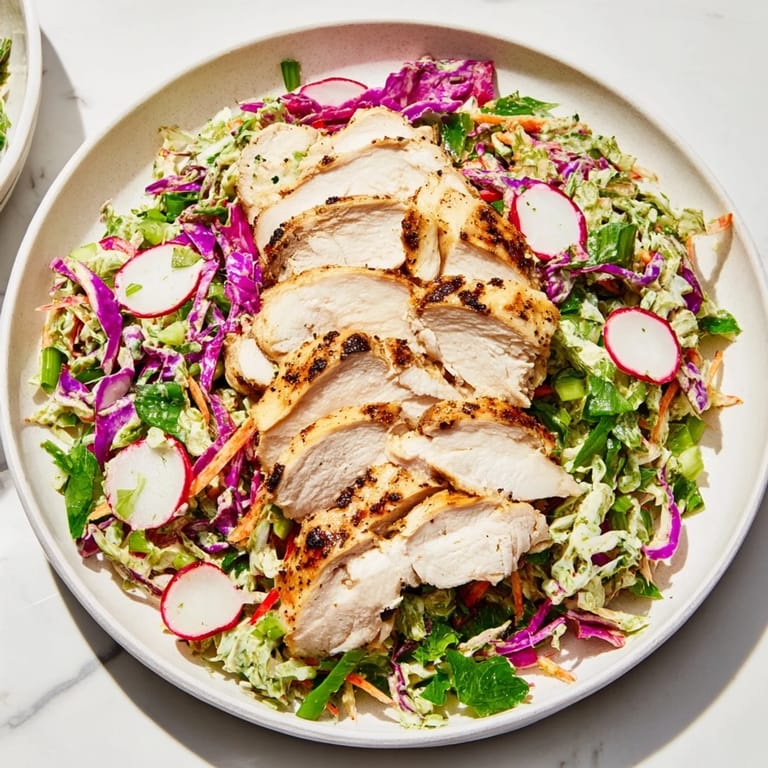 This plate features sliced grilled chicken over zesty Green Goddess Cabbage Slaw, ready to be enjoyed.