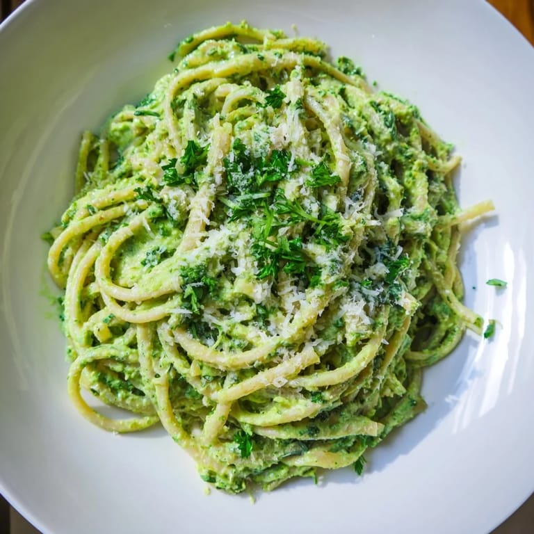 A vibrant bowl of green goddess pasta sauce, coated linguine with fresh basil and Parmesan cheese.