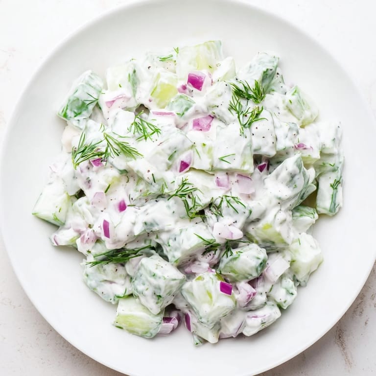 Crisp cucumbers and tangy Greek yogurt create this flavorful Tzatziki Salad, with fresh dill and garlic.