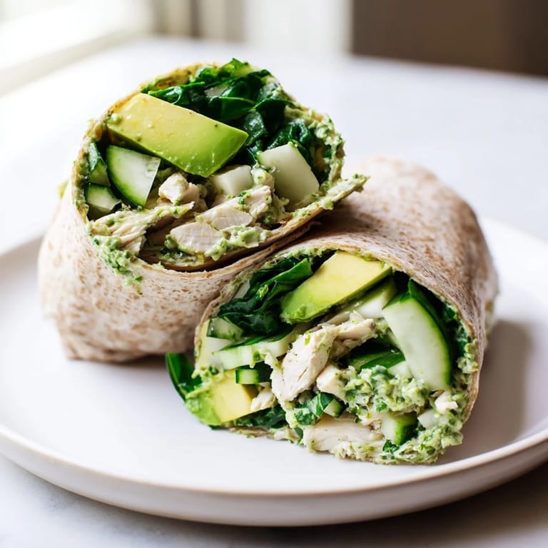 Enjoy a refreshing Green Goddess Wellness Wrap; each bite features tender chicken and crisp ingredients.