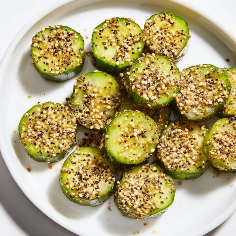 A close-up of a Cucumber Shaker with Everything Bagel Seasoning highlighting the beautifully seasoned cucumber.