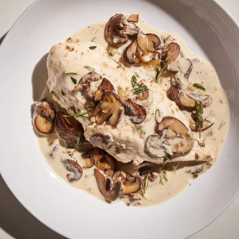 Golden-brown chicken breasts in a skillet, bathed in a rich tarragon mushroom sauce—perfect for this easy recipe.