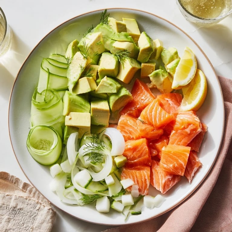 Enjoy this refreshing Cucumber and Tinned Fish Salad, layered with colorful veggies and a flavorful dressing.