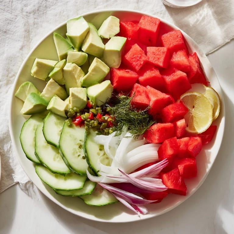 This appealing Cucumber and Tinned Fish Salad offers fresh flavors with sardines elegantly arranged on top.