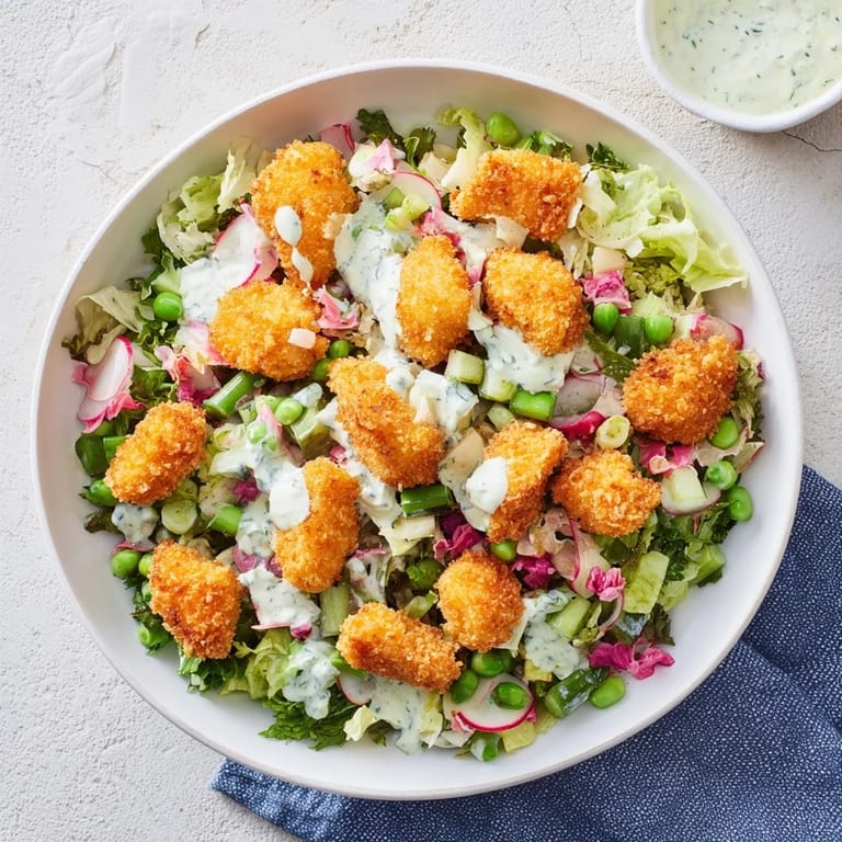 A close-up view of a fresh Green Goddess Nugget Salad, ready for a satisfying, light meal.