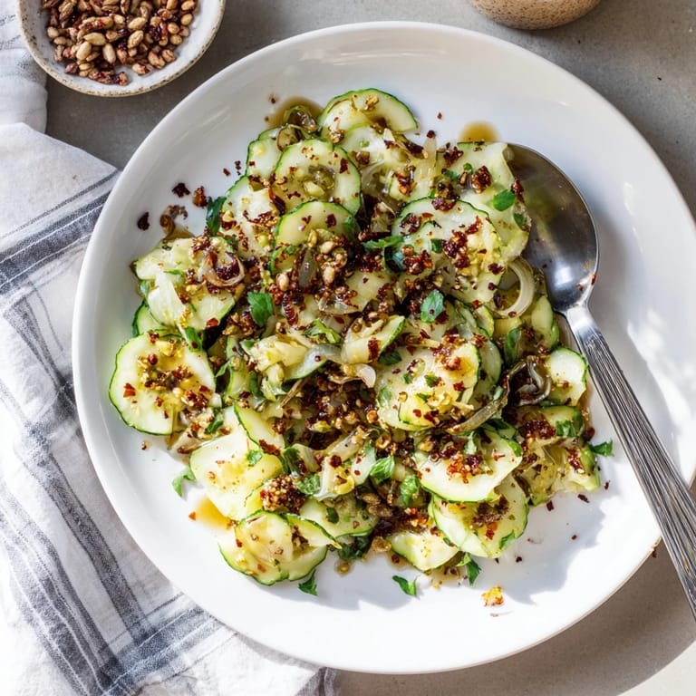 Close-up of a Cucumber Shaker Salad: crunchy cucumbers lightly dressed, speckled with sesame seeds and chili crisp.