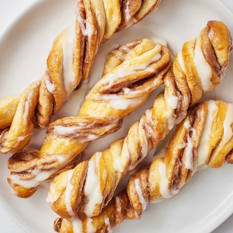 Golden brown Air-Fryer Cinnamon Roll Twists, twisted and air-fried to a delightful, flaky texture.