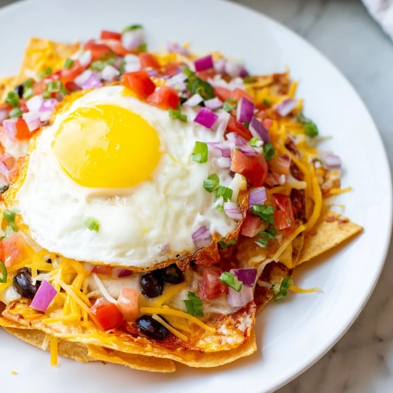 Savory Egg-Topped Breakfast Nachos featuring melted cheese and a colorful array of fresh toppings.