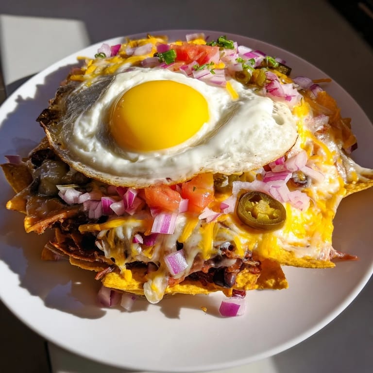 Enjoy a hearty plate of flavorful Egg-Topped Breakfast Nachos, a Tex-Mex delight perfect for breakfast.