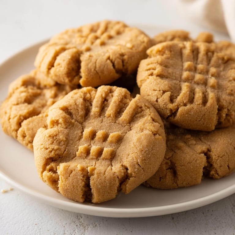 Baking sheet filled with chewy, cracked Flourless Peanut Butter Cookies, fresh from the oven, with a fork-pressed pattern.