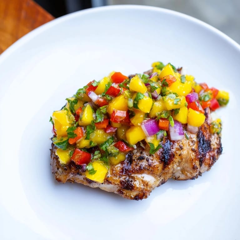 Sizzling Grilled Mango Salsa Chicken served on plates with vibrant diced mango salsa topping.