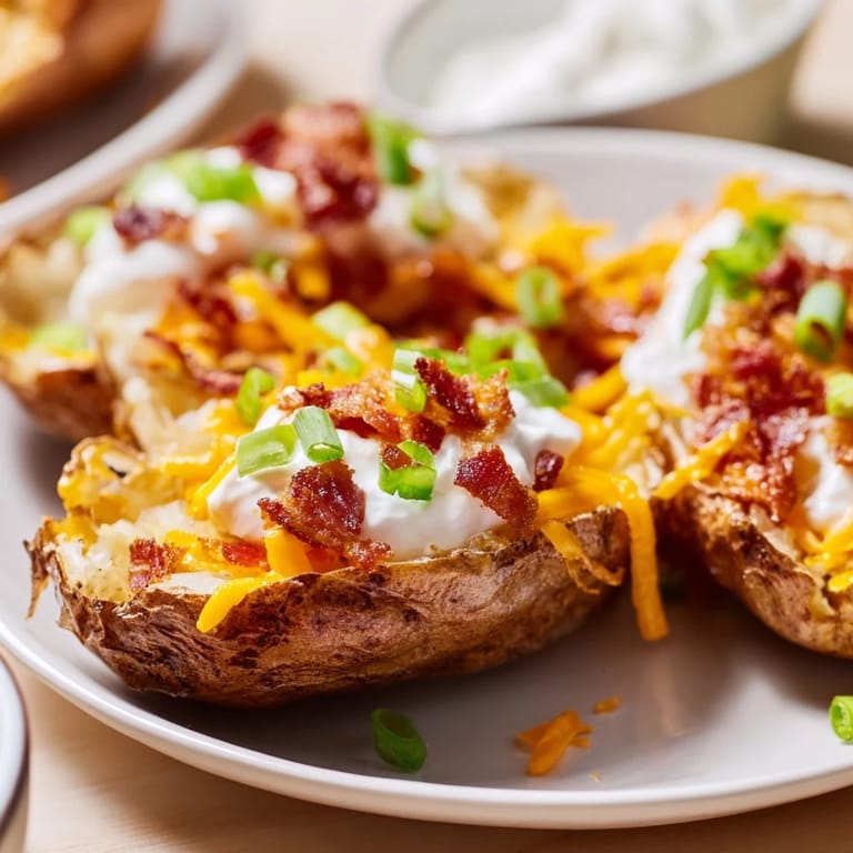 Cheesy loaded baked potato skins bursting with crispy bacon, a classic American appetizer recipe.