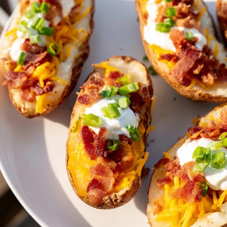 Perfectly baked, golden-crisp loaded baked potato skins ready to be enjoyed as a shared appetizer.