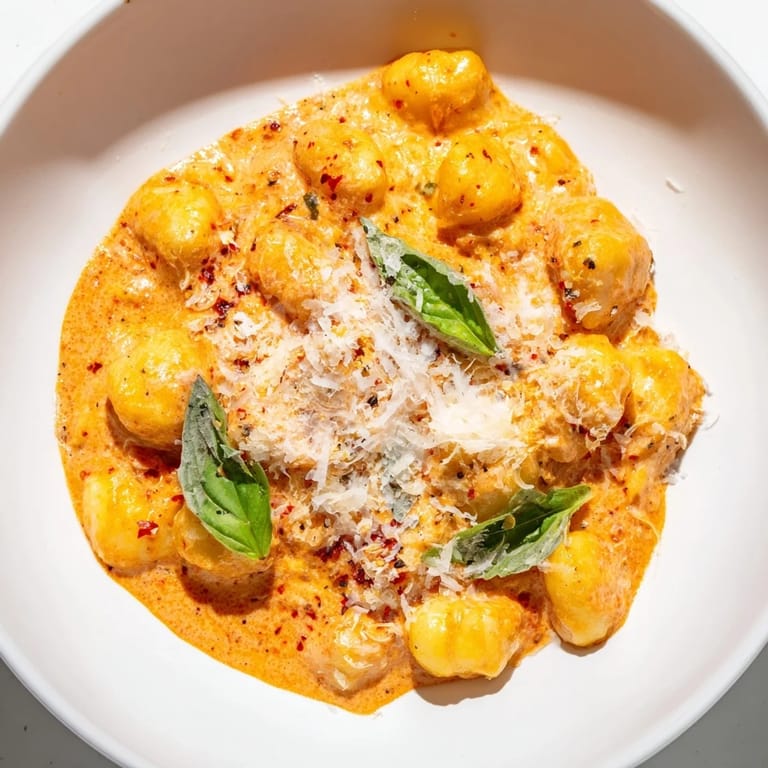 A flavorful pan of Creamy Tomato Gnocchi, fresh basil sprinkled over the rich, cheesy dish.